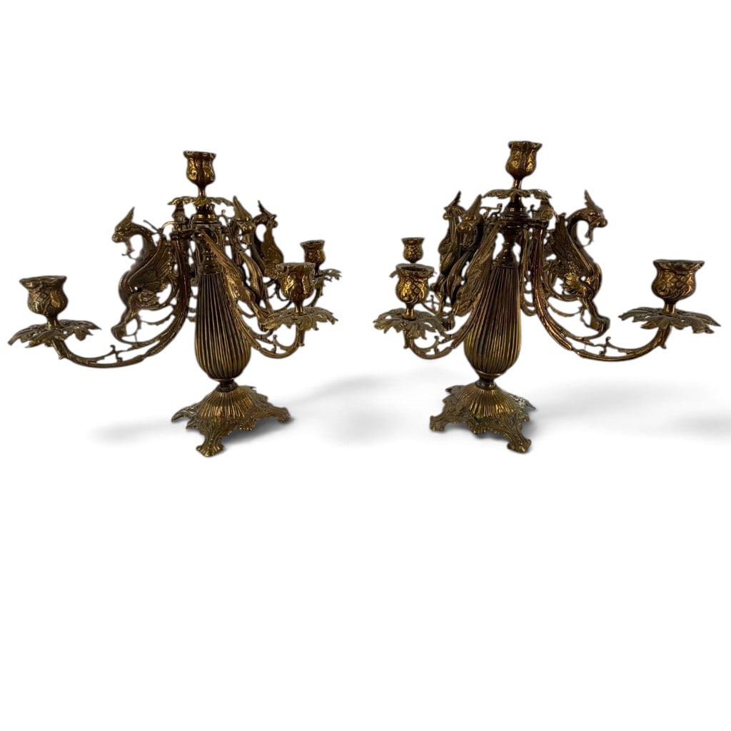 Pair Brass Dragon Five-Light Candelabra - 2