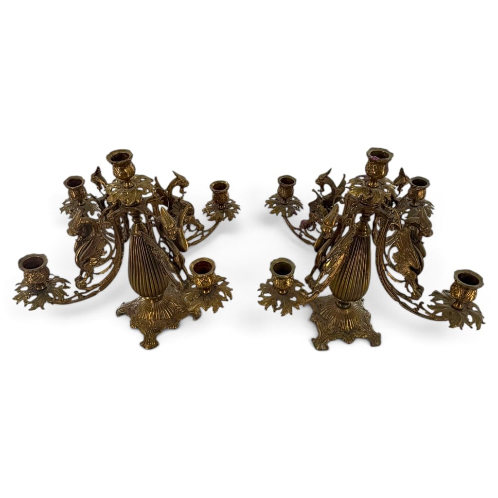 Pair Brass Dragon Five-Light Candelabra - 3