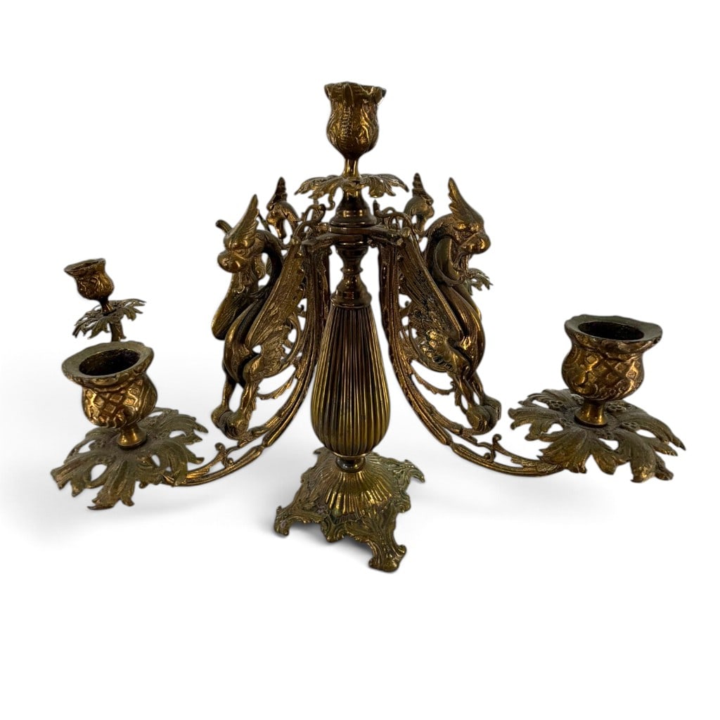 Pair Brass Dragon Five-Light Candelabra - 5