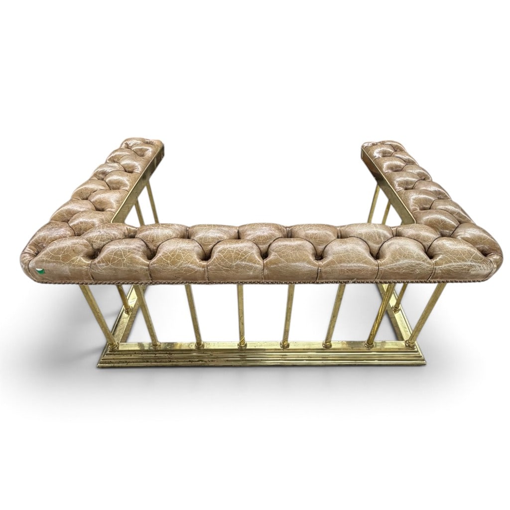 Brass and Tufted Leather Club Fender: Origin: European, probably English Date: 20th century Period/Style: English Country House / Chesterfield style Maker: Unidentified Materials: Brass, leather, and upholstery Form: Upholstered club