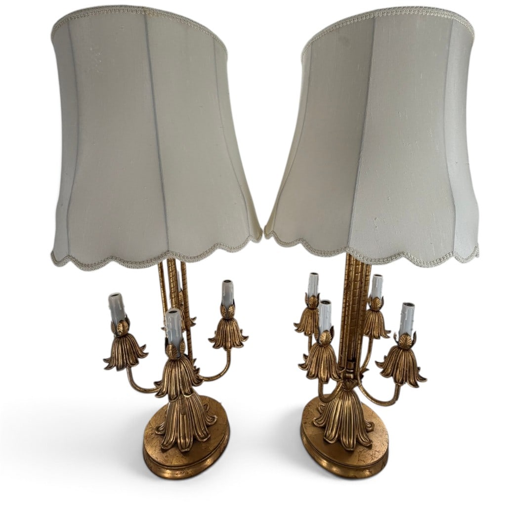 Pair Italian Gilt Tole Candelabra Lamps: Origin: Italy Date: Mid-20th century Period/Style: Hollywood Regency Maker: Unidentified Materials: Gilt-finished metal, socket sleeves, fabric shades, and electrical components Form: Pair of