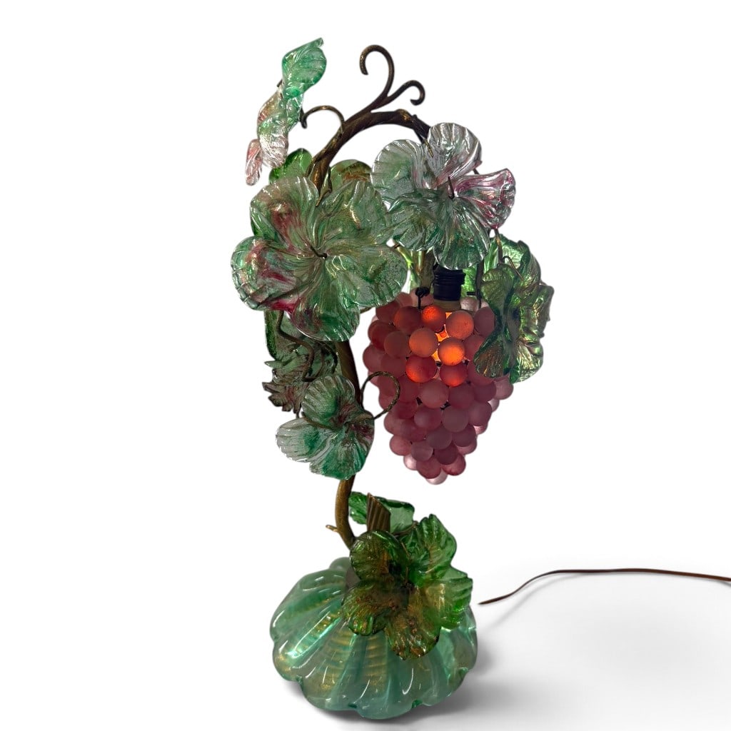 Murano-Style Art Glass Grape Lamp: Origin: Italy, probably Murano Date: Circa 1950s-1960s Period/Style: Mid-Century Modern / Hollywood Regency Maker: Unidentified Materials: Blown and molded art glass, patinated metal, and electrical