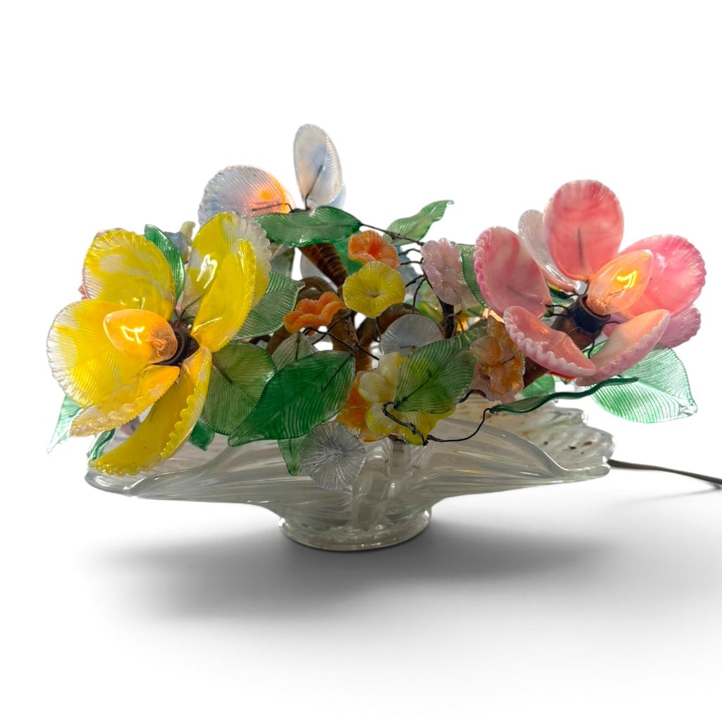 Murano-Style Art Glass Floral Lamp: Origin: Italy, probably Murano Date: Circa 1960s-1970s Period/Style: Mid-Century Modern Maker: Unidentified Materials: Blown and molded art glass, wire, wrapped metal branches, and electrical