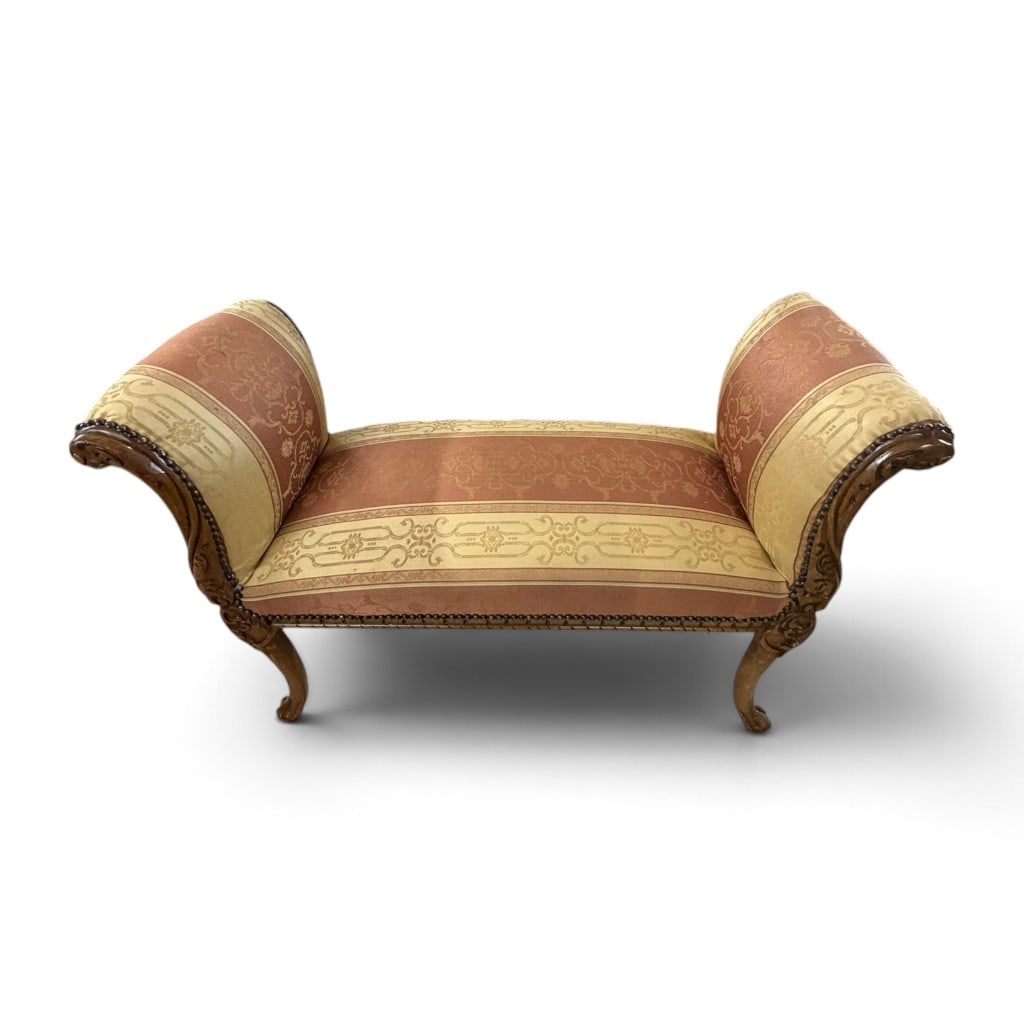Carved Oak Double-Ended Window Bench: Origin: Continental Europe, probably French Date: Late 19th to early 20th century Period/Style: Louis XV Revival Maker: Unidentified Materials: Carved oak, woven upholstery, and brass upholstery tacks