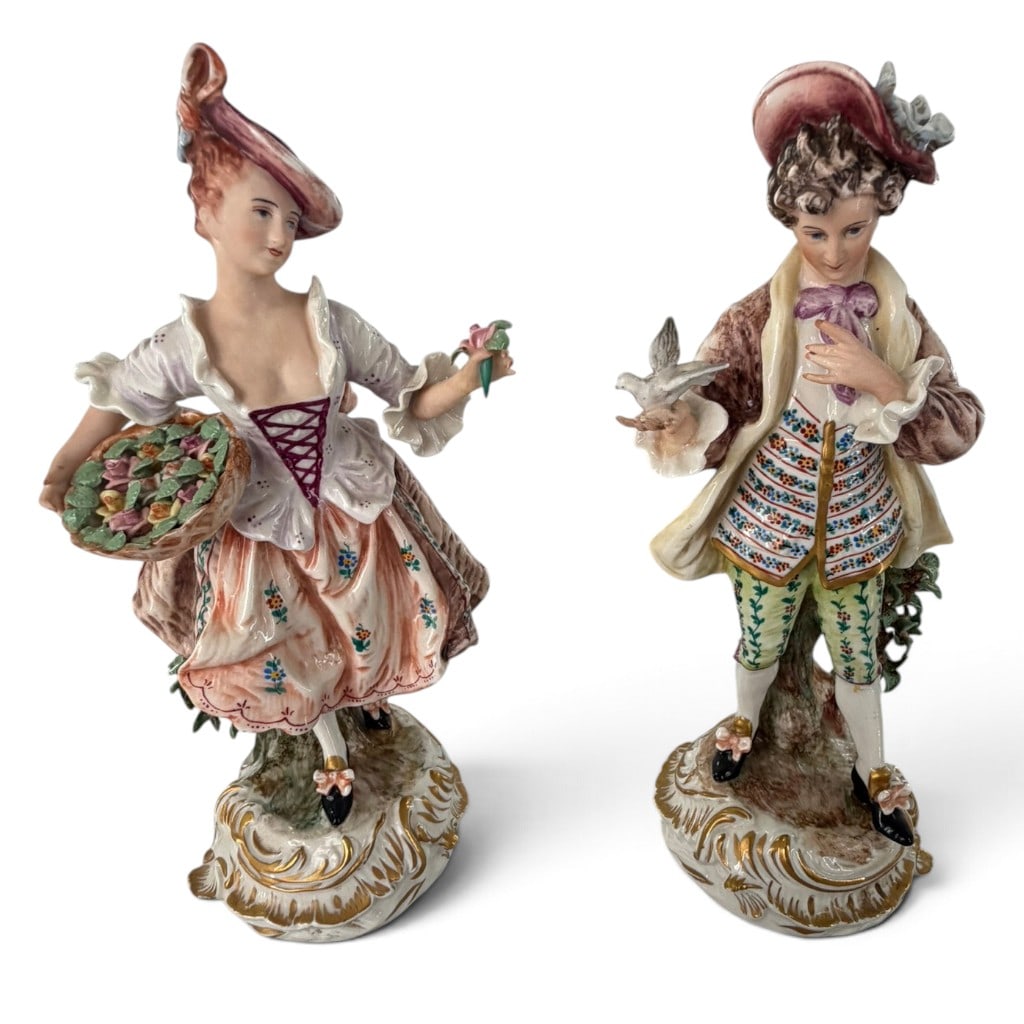 Pair F.W. Wessel Porcelain Figures: Origin: Germany Date: 1949-1958 Period/Style: Rococo Revival Maker: Porzellanfabrik F.W. Wessel Materials: Hand-painted and gilt porcelain Form: Pair of porcelain figures Description: Pair of