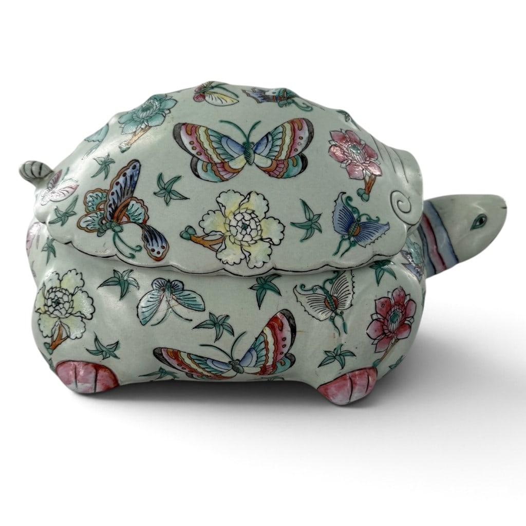 Chinese Famille Rose Turtle-Form Tureen: Origin: China Date: Late Qing dynasty, circa 1900 Period/Style: Famille rose Maker: Unmarked Materials: Porcelain with overglaze polychrome enamels Form: Turtle-form covered tureen Description: