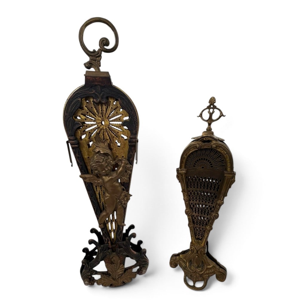Two French Figural Folding Fire Screens: Origin: France Date: Late 19th to early 20th century Period/Style: Louis XV and Rococo Revival Maker: Unmarked Materials: Gilt and patinated brass and cast metal Form: Two folding fan fireplace