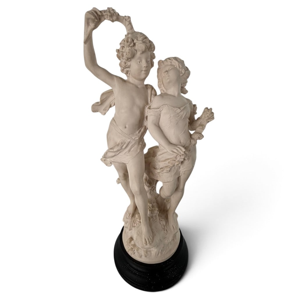 Signed Italian Classical Figural Group: Origin: Probably Italy Date: Late 20th century Period/Style: Neoclassical and Renaissance Revival Maker: Signed indistinctly, possibly G. Ruggeri Materials: Reconstituted marble and resin composite