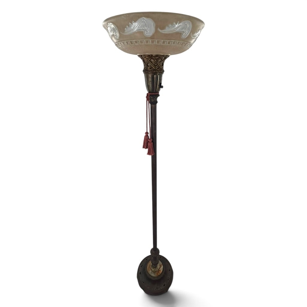 American Art Deco Onyx Torchiere Lamp: Origin: United States Date: Circa 1920-1930 Period/Style: Art Deco with Neoclassical influence Maker: Unidentified Materials: Patinated cast metal, onyx, and molded glass Form: Torchiere floor lamp