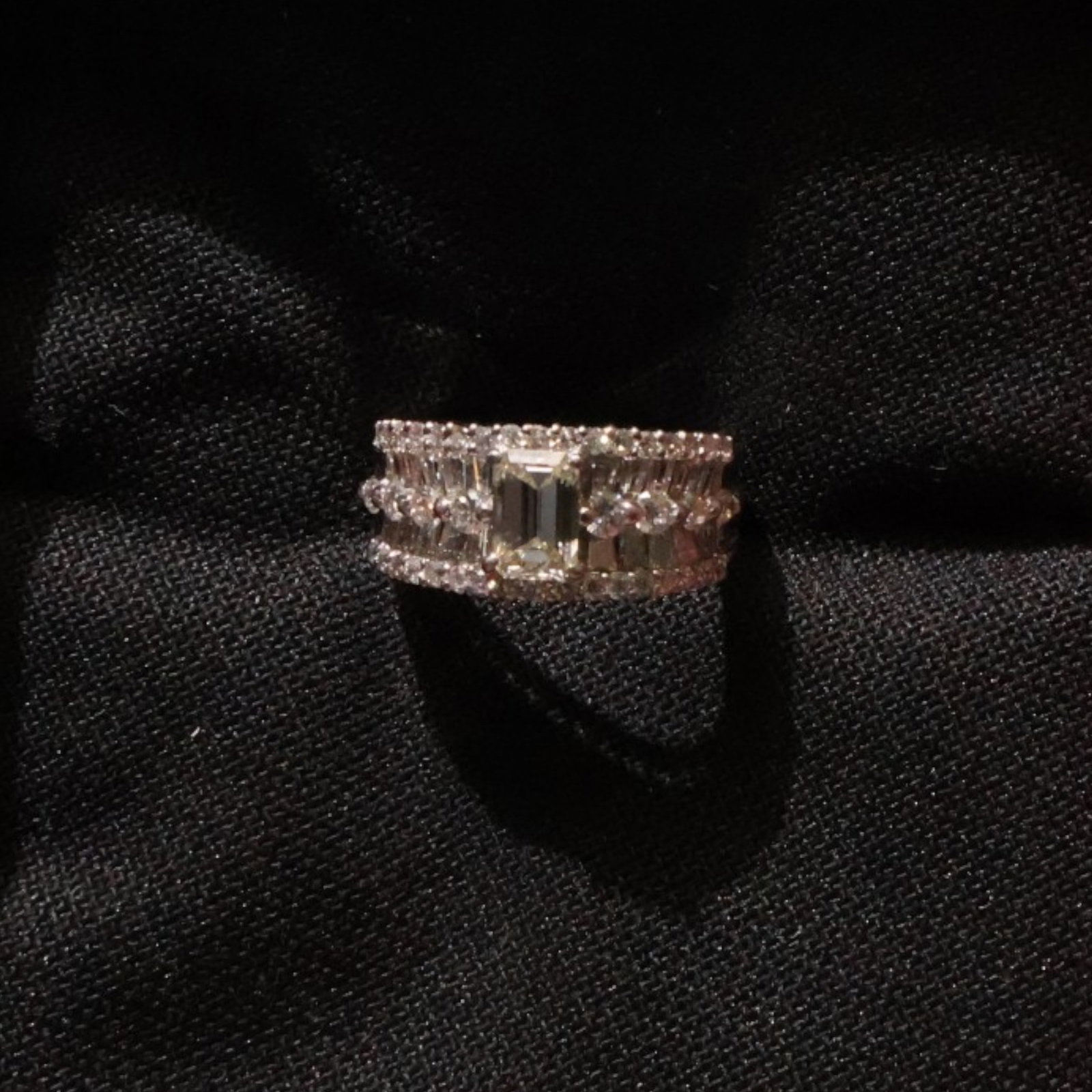 Platinum 2.47 CTW Diamond Ring: Date: Late 20th to early 21st century Materials: Platinum and diamonds Form: Ring Description: A platinum diamond ring centered by an approximately 0.84 carat diamond with additional diamond-set eleme