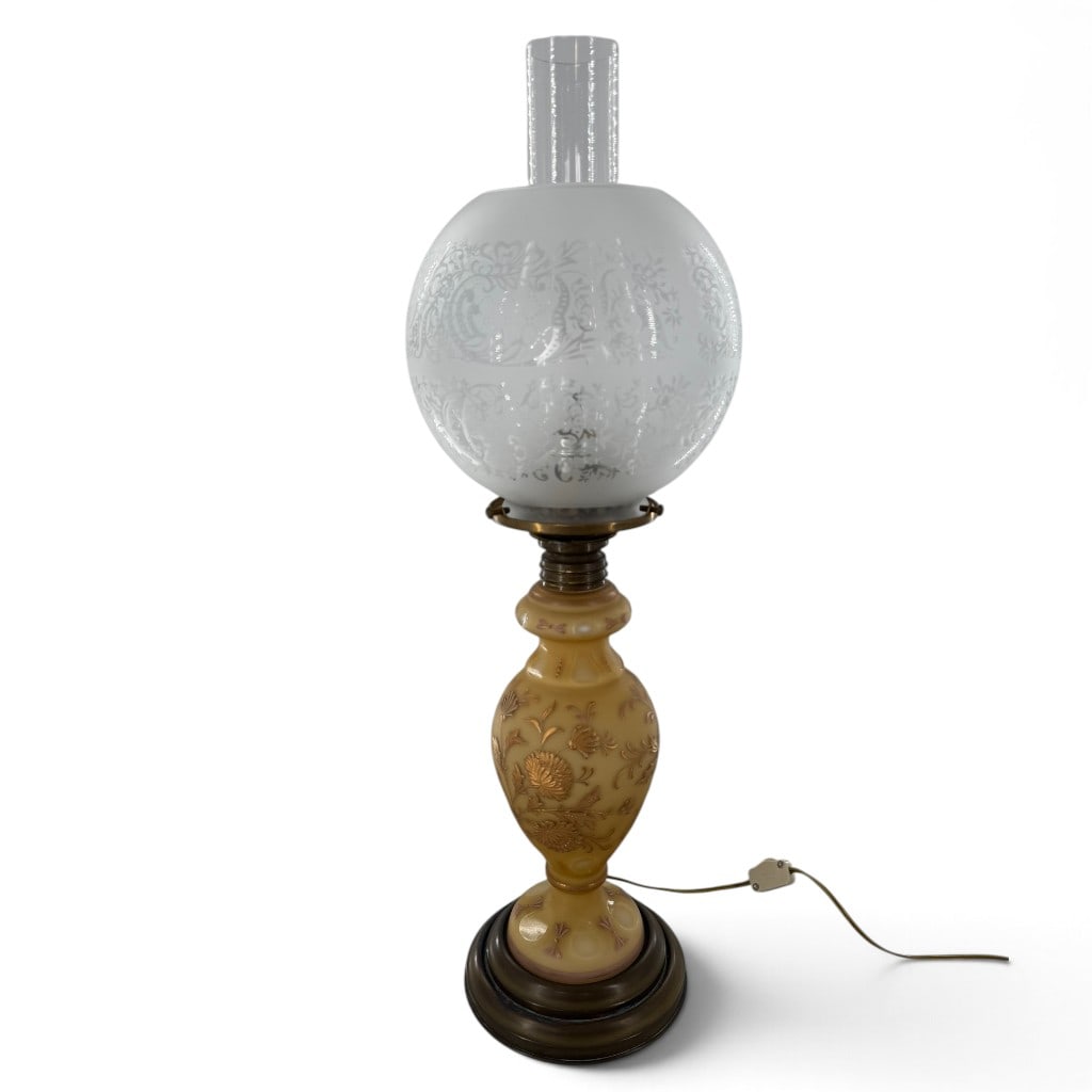 Victorian Floral Glass Parlor Lamp: Date: Late 19th to early 20th century Materials: Satin glass, opaline glass, clear glass, metal, and electrical fittings Form: Table lamp Description: A Victorian parlor lamp with a beige satin-glass