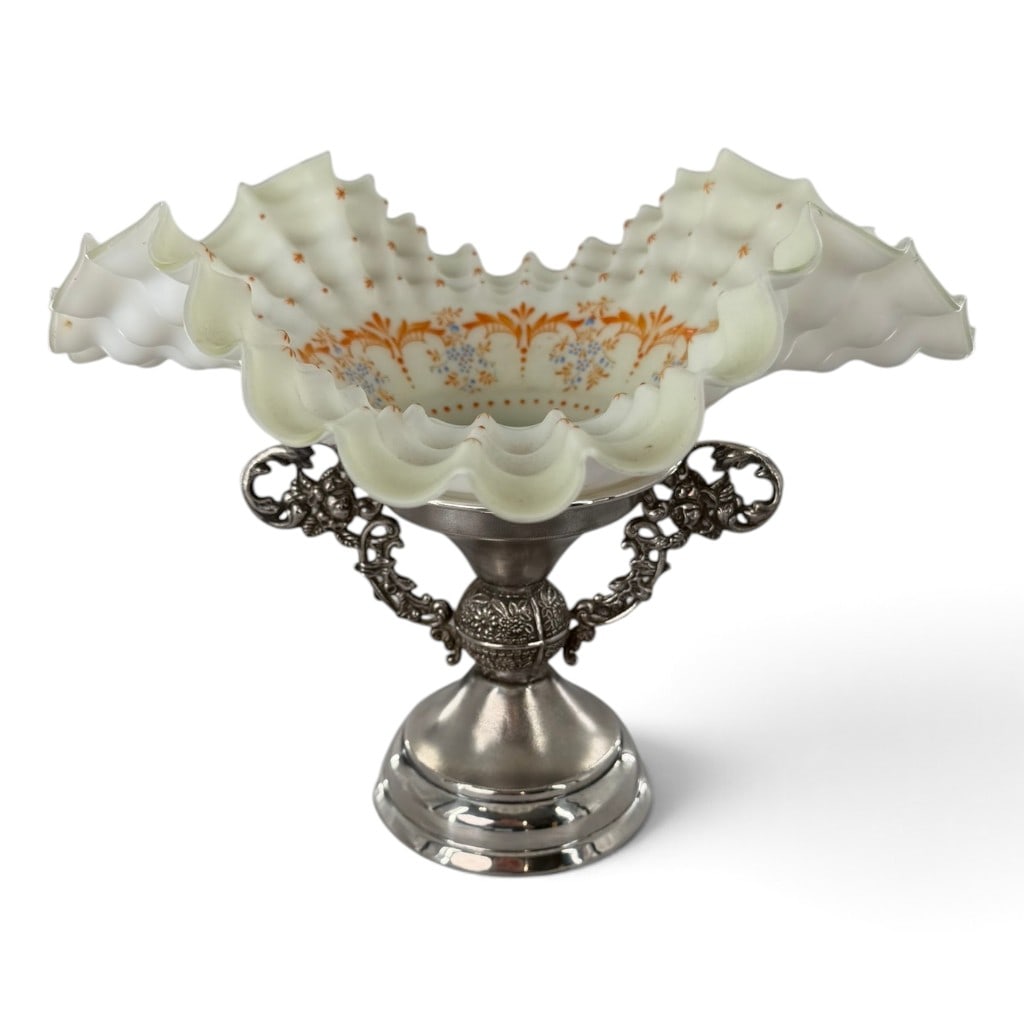 M.S. Benedict Silverplate Bridal Basket: Maker: M.S. Benedict Manufacturing Company Date: Circa 1894-1906 Materials: Quadruple-plated base metal, frosted glass, and enamel Form: Bridal or cake basket Description: A late Victorian bridal or