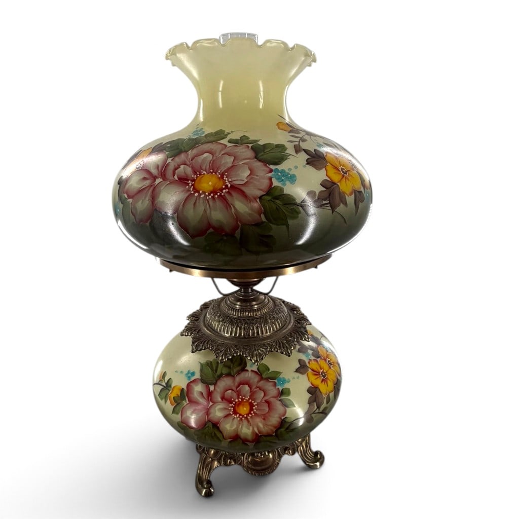 Victorian-Style Floral Parlor Lamp: Date: Mid to late 20th century Materials: Painted glass, brass-tone metal, clear glass, and electrical fittings Form: Double-globe parlor lamp Description: A large Gone With the Wind-style electric