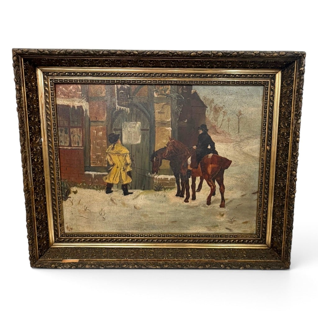 Continental Winter Street Scene, Oil: Origin: Continental Europe Date: Late 19th century Period/Style: European Genre Landscape Materials: Oil on board, gilt and ebonized composition frame Form: Framed winter street scene Description:<