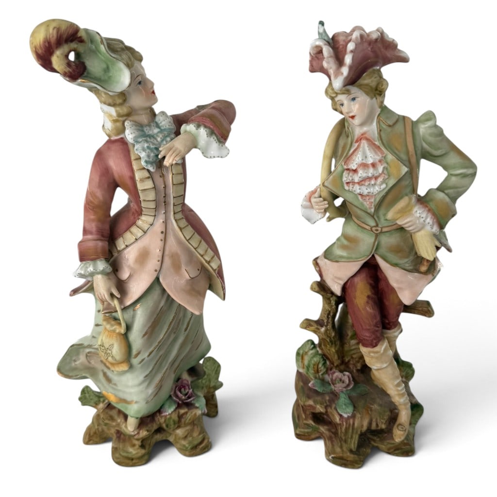 Pair Andrea by Sadek Porcelain Figures: Origin: Japan Date: Mid to late 20th century Period/Style: Rococo Revival Maker: Andrea by Sadek Materials: Hand-painted glazed porcelain Form: Pair of gallant figures Description: Pa