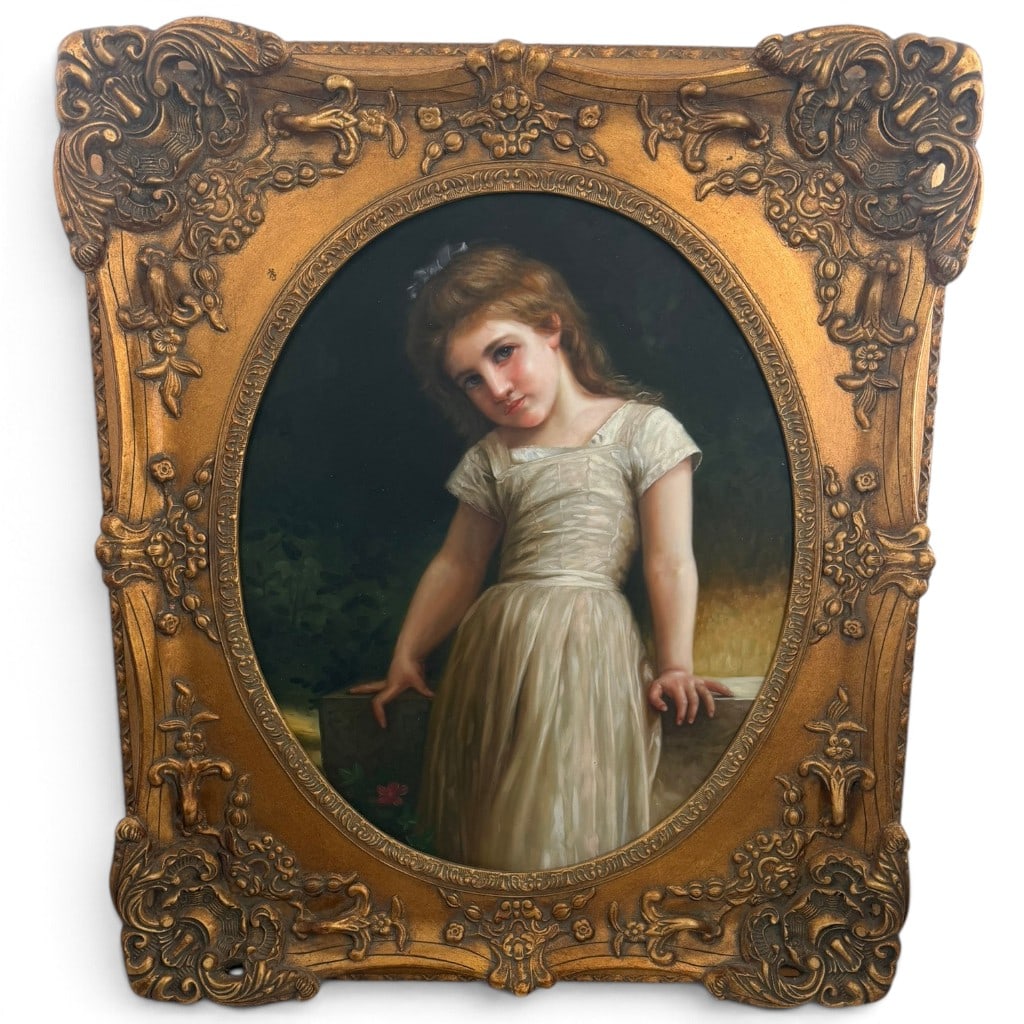 20th C. Portrait of a Young Girl: Origin: Continental School Date: 20th century Period/Style: Victorian Revival Maker: Unknown Materials: Oil on canvas with gilt composition and wood frame Form: Framed portrait painting Description: