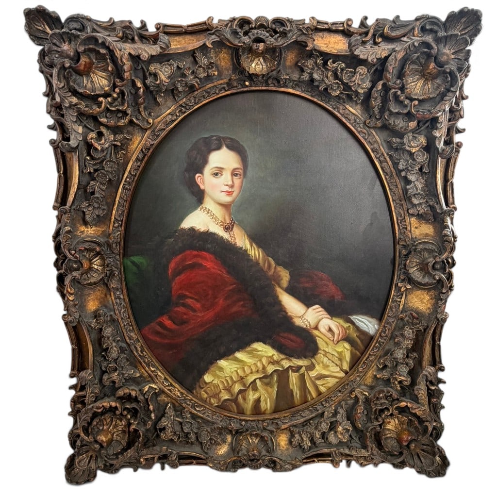 20th C. Portrait of a Lady: Origin: Continental School Date: 20th century Period/Style: 19th Century Revival Maker: Unknown Materials: Oil on canvas with gilt composition and wood frame Form: Framed portrait painting