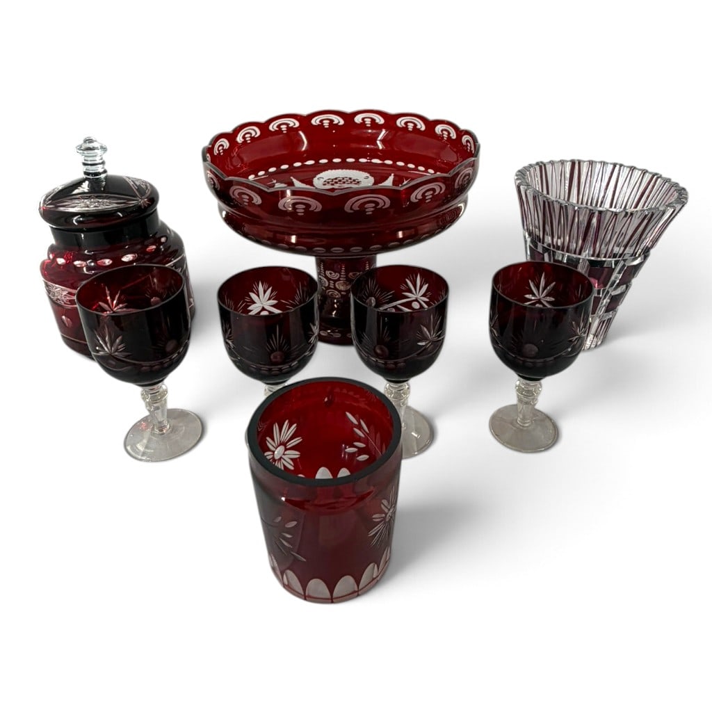 Eight-Piece Cranberry Glass Group: Origin: Continental Europe, probably Bohemian Date: Late 19th to early 20th century Period/Style: Victorian to early 20th century Maker: Various unidentified makers Materials: Cranberry, ruby, and