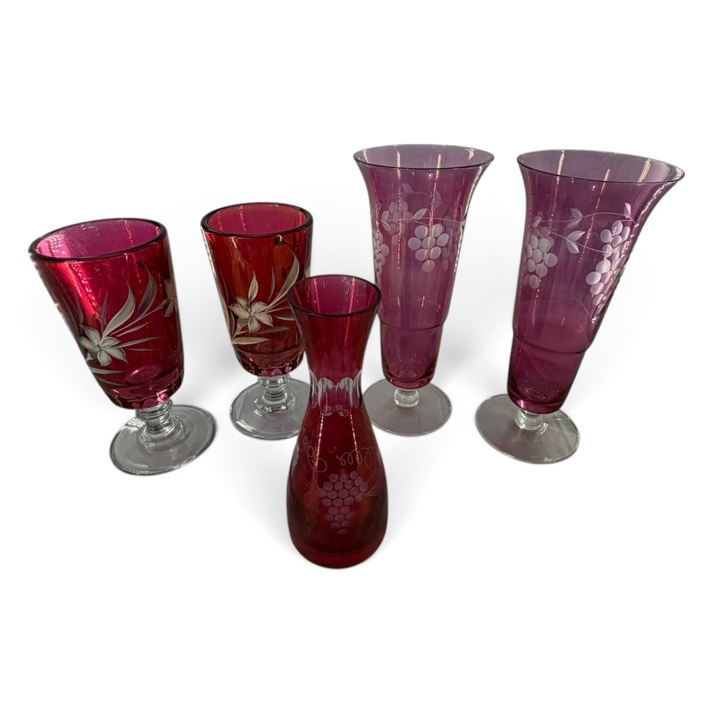 Five Cranberry and Amethyst Glass Vases: Origin: Continental Europe, probably Bohemian Date: Late 19th to early 20th century Period/Style: Victorian to early 20th century Maker: Various unidentified makers Materials: Cranberry, amethyst,