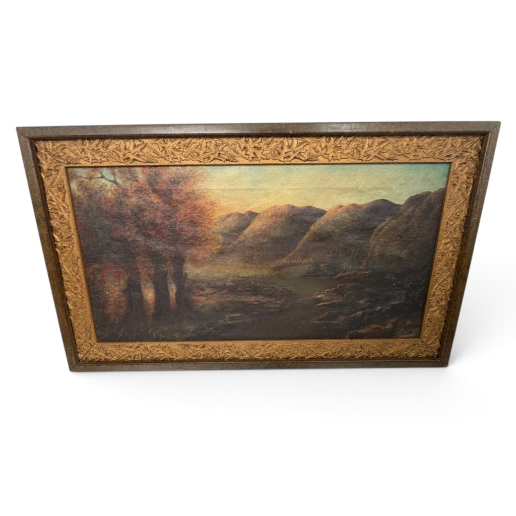 American Mountain Landscape, Oil on Canvas: Origin: American Date: Late 19th to early 20th century Period/Style: Hudson River School tradition Artist: American School, unsigned Materials: Oil on canvas with gilt composition and wood frame