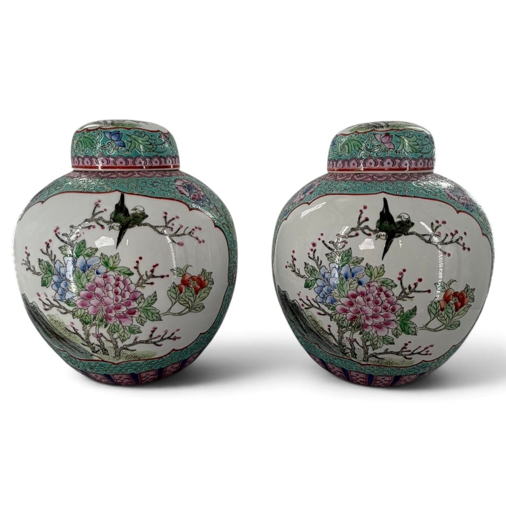 Pair King's Macau Famille Rose Jars: Origin: Macau, China Date: Second half 20th century Period/Style: Famille Rose Revival Maker: King's Fine China Materials: Hand-decorated glazed porcelain Form: Pair of covered ginger jars