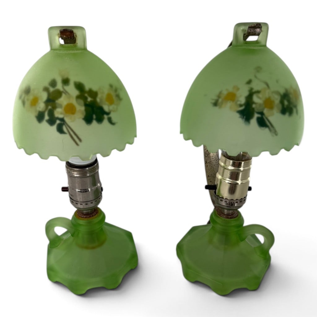Pair Art Deco Green Glass Boudoir Lamps: Origin: American or European Date: Circa 1930 Period/Style: Art Deco Maker: Unattributed Materials: Frosted green glass, applied decoration, metal, and electrical fittings Form: Pair of electri