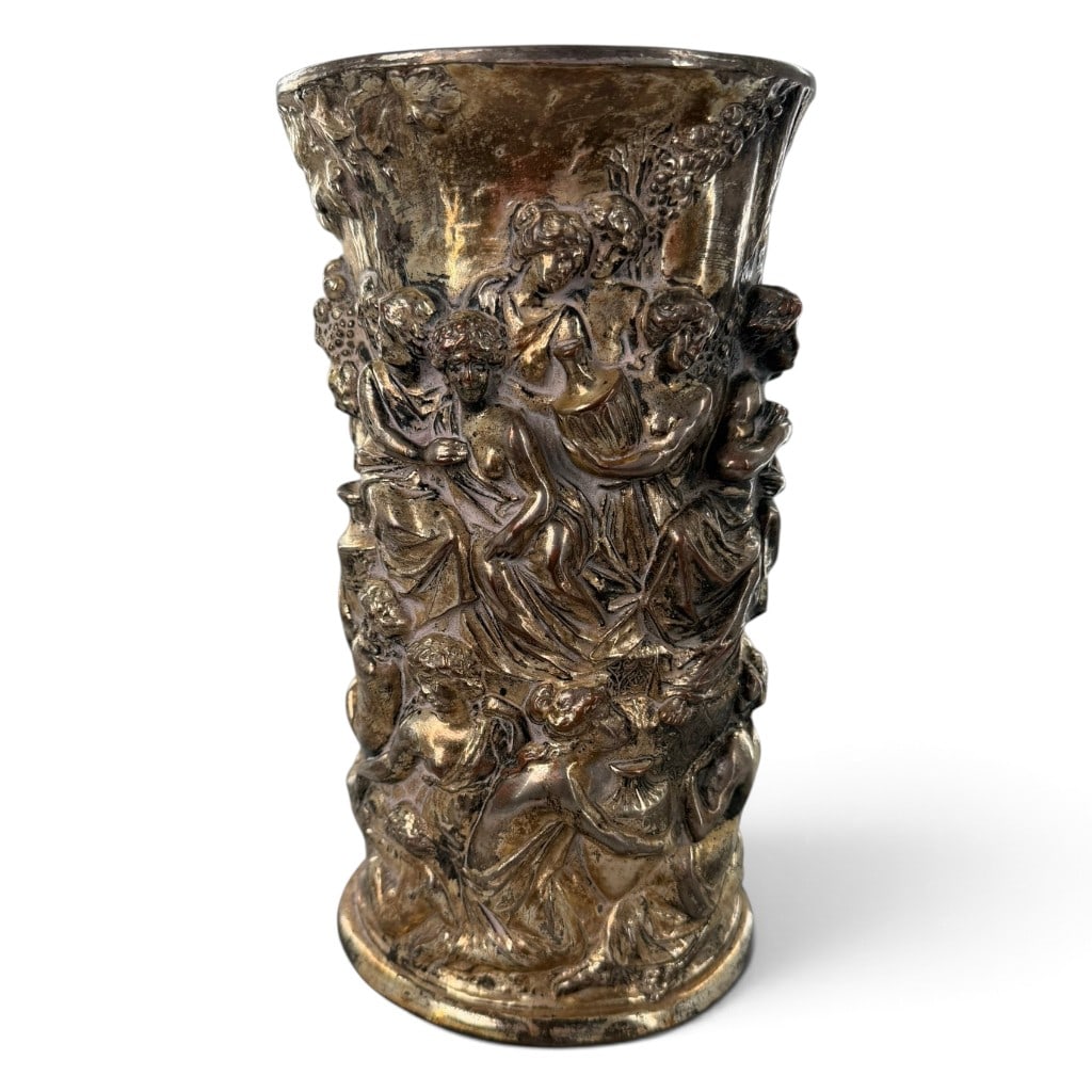 French Silvered Bronze Bacchanalian Vase: Origin: France Date: Circa 1900 Period/Style: Neoclassical Revival Maker: Unattributed French manufacture Materials: Cast bronze with silvered surface Form: Cylindrical vase Description:<