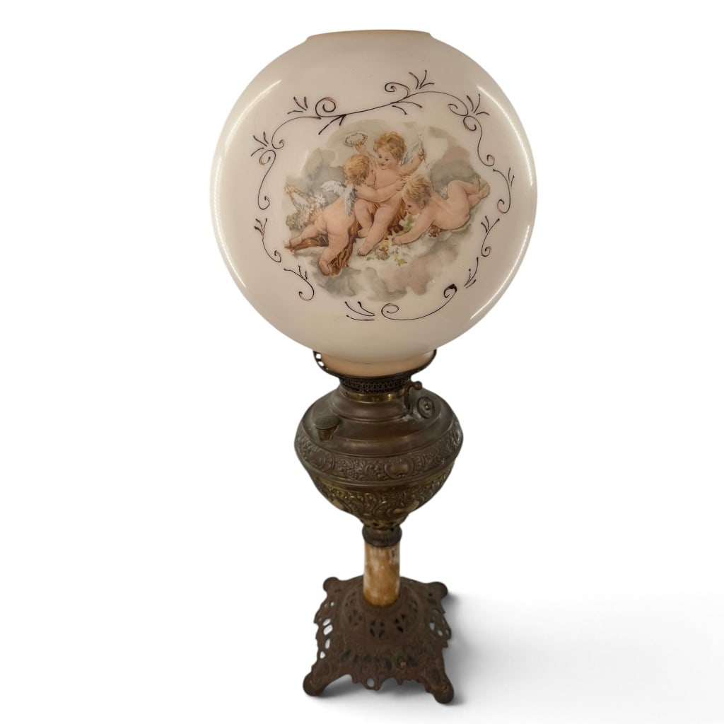 Edward Miller New Juno No. 2 Lamp: Origin: Meriden, Connecticut Date: Circa 1890s Period/Style: Victorian Maker: Edward Miller and Company Materials: Cast metal, brass, marble or onyx, and decorated opaline glass Form: Kerosene