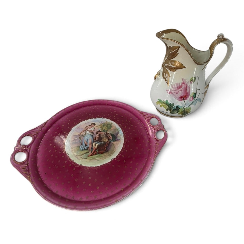 Victoria Austria Platter and Porcelain Ewer: Origin: Austria and Continental Europe Date: Circa 1900 Period/Style: Victorian / Art Nouveau Maker: Victoria Austria and unidentified maker Materials: Glazed porcelain with transfer decoration, hand