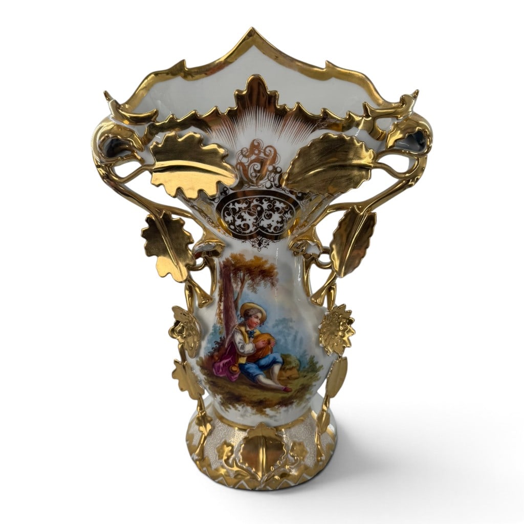 Large Old Paris Porcelain Pastoral Vase: Origin: Continental Europe, probably France Date: Mid-19th century Period/Style: Old Paris / Rococo Revival Maker: Unattributed Materials: Glazed porcelain with hand-painted and gilt decoration Form:
