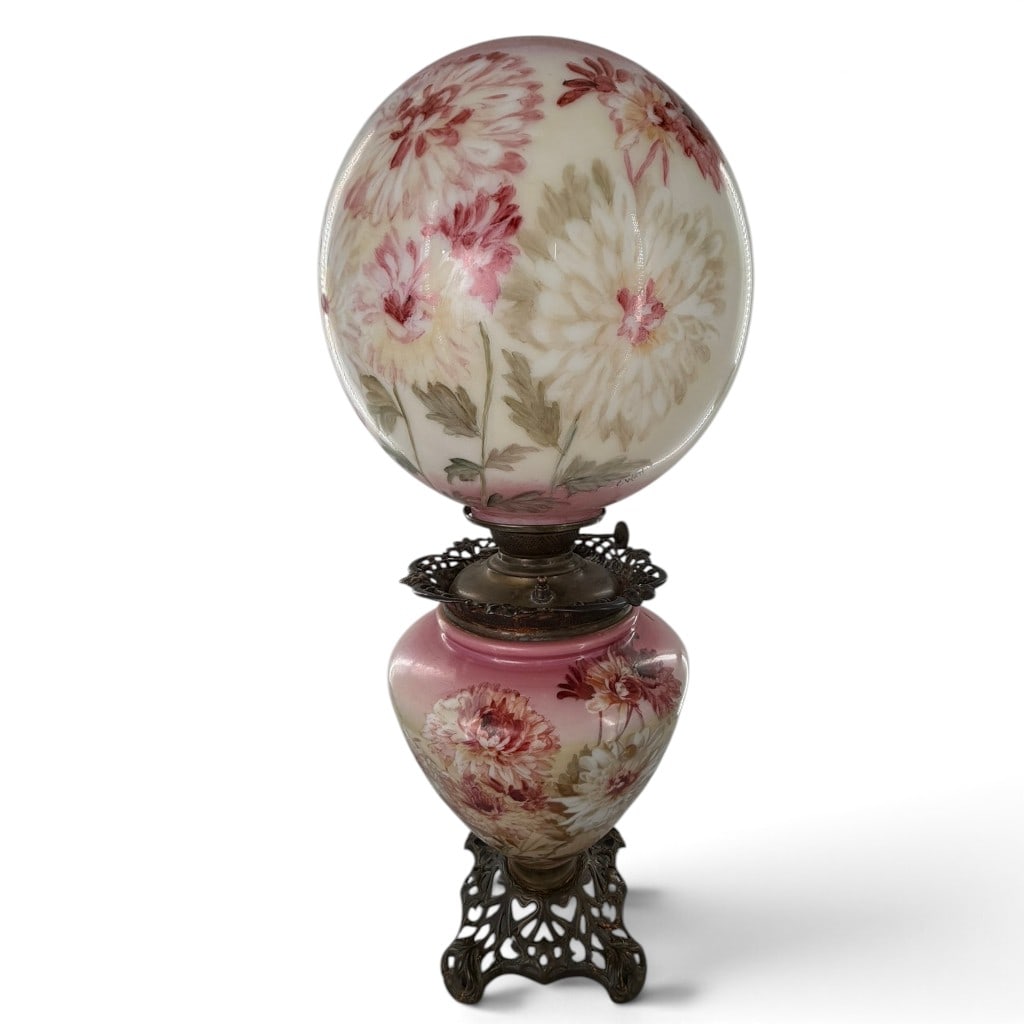Pittsburgh "Success" Floral Parlor Lamp: Origin: Pittsburgh, Pennsylvania Date: Circa 1900-1905 Period/Style: Victorian Maker: Attributed to Pittsburgh Lamp, Brass and Glass Company Materials: Decorated pink and white opaline glass, cast