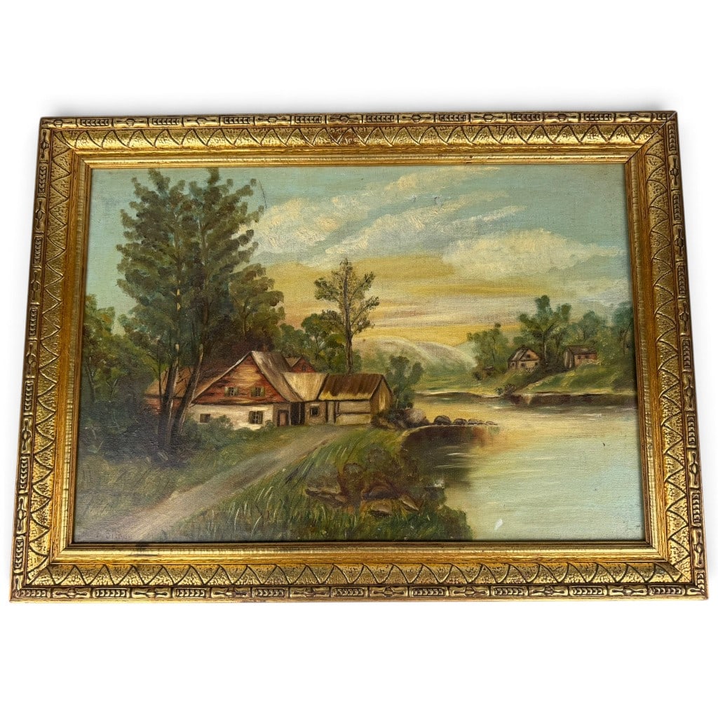 P. Simon American Landscape Oil Painting: Origin: American Date: First half of the 20th century Period/Style: American School Artist: P. Simon, identity unconfirmed Materials: Oil on canvas in a gilt composition and wood frame Form: Fr
