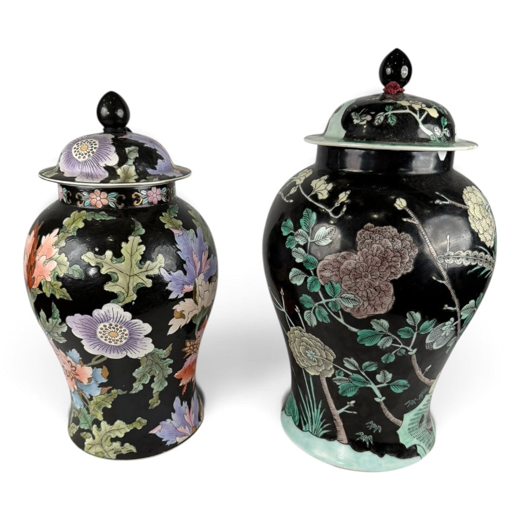 Two Chinese Famille Noire Ginger Jars: Origin: China Date: Mid-to-late 20th century Period/Style: Chinese export, famille noire style Maker: Unidentified Materials: Glazed porcelain with polychrome enamel and gilt decoration Form: Two