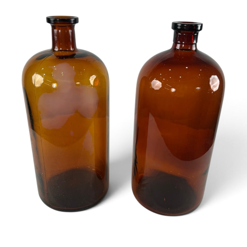 Pair Large Amber Apothecary Bottles - 2