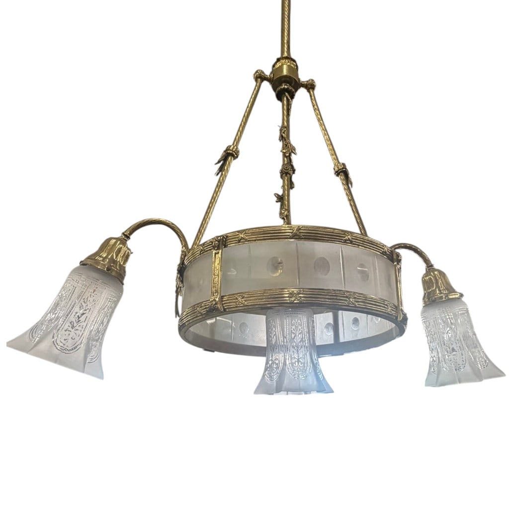 Circa 1900 Brass Three-Light Chandelier: Origin: Continental or American Date: Circa 1900 Period/Style: Late Victorian and Louis XVI Revival Maker: Unidentified Materials: Brass and frosted etched glass Form: Three-l