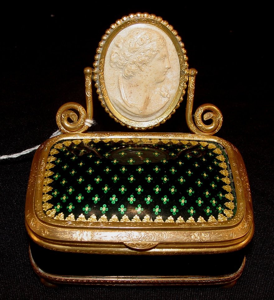French enamel box, cobalt blue and gold with cameo: French enamel box, cobalt blue and gold with cameo on raised back, 3.75in. L, 2.5in. W, 1.5in. D, cameo 1.5in x 2in.