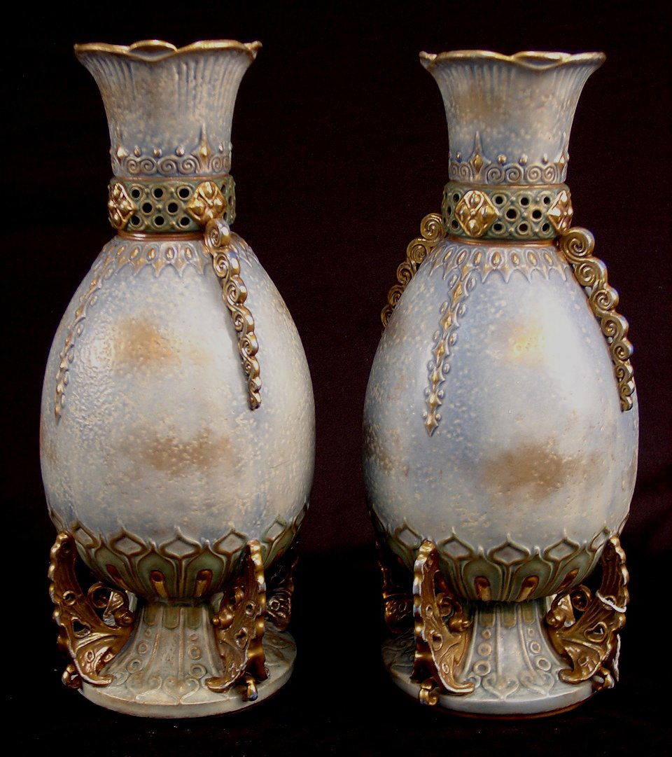 Pair of large Amphora vases, Art Nouveau, 17.5 in.: Pair of large Amphora vases, Art Nouveau, 17.5 in. T, ca. 1898 - 1910.