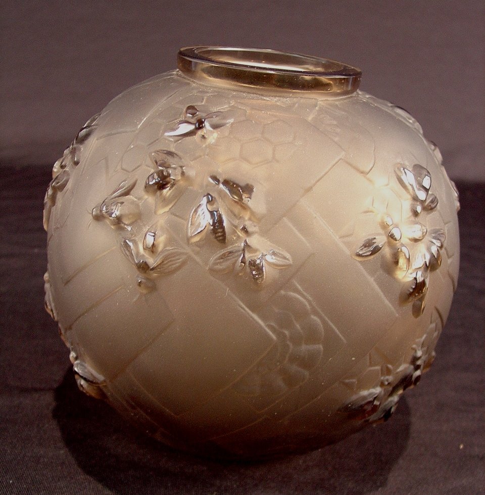 Round french glass vase with blown out bees,: Round french glass vase with blown out bees, signed Sabino, early 1840's - 1890's.