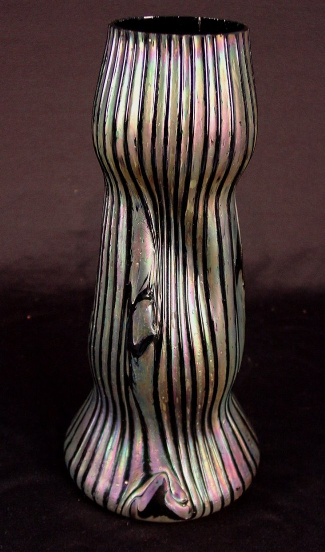 Iridescent purple and blue vase, 12.5 in. T, ca.: Iridescent purple and blue vase, 12.5 in. T, ca. 1900, top has been cut back.