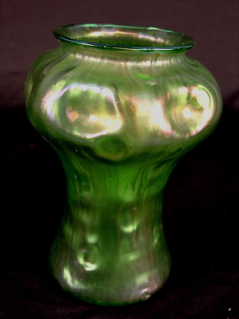Iridescent green Loetz glass, ca. 1900, 8in. T.: Iridescent green Loetz glass, ca. 1900, 8in. T.