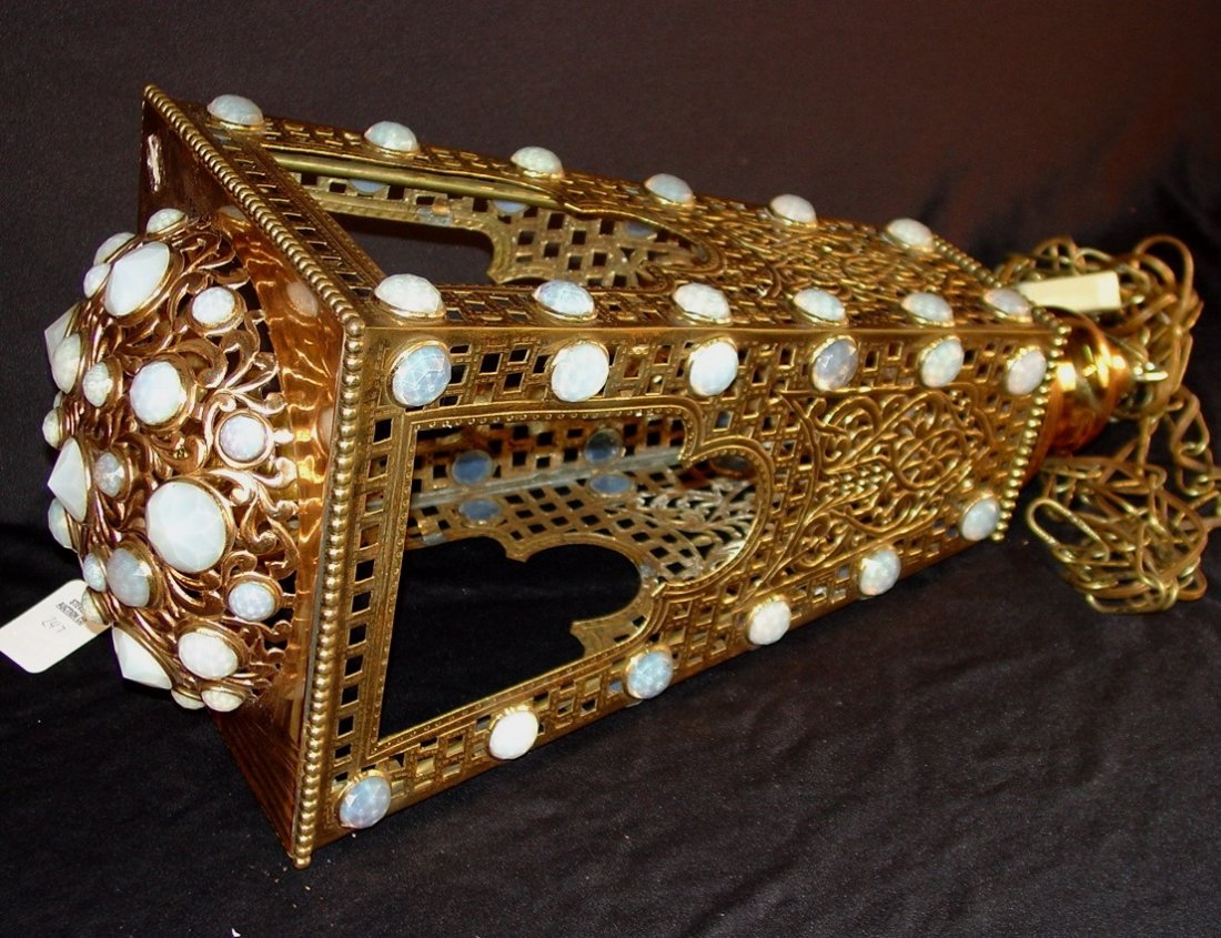 Gilded brass and bronze hanging light with opaline: Gilded brass and bronze hanging light with opaline glass jewels and original light shades, 23in. L.