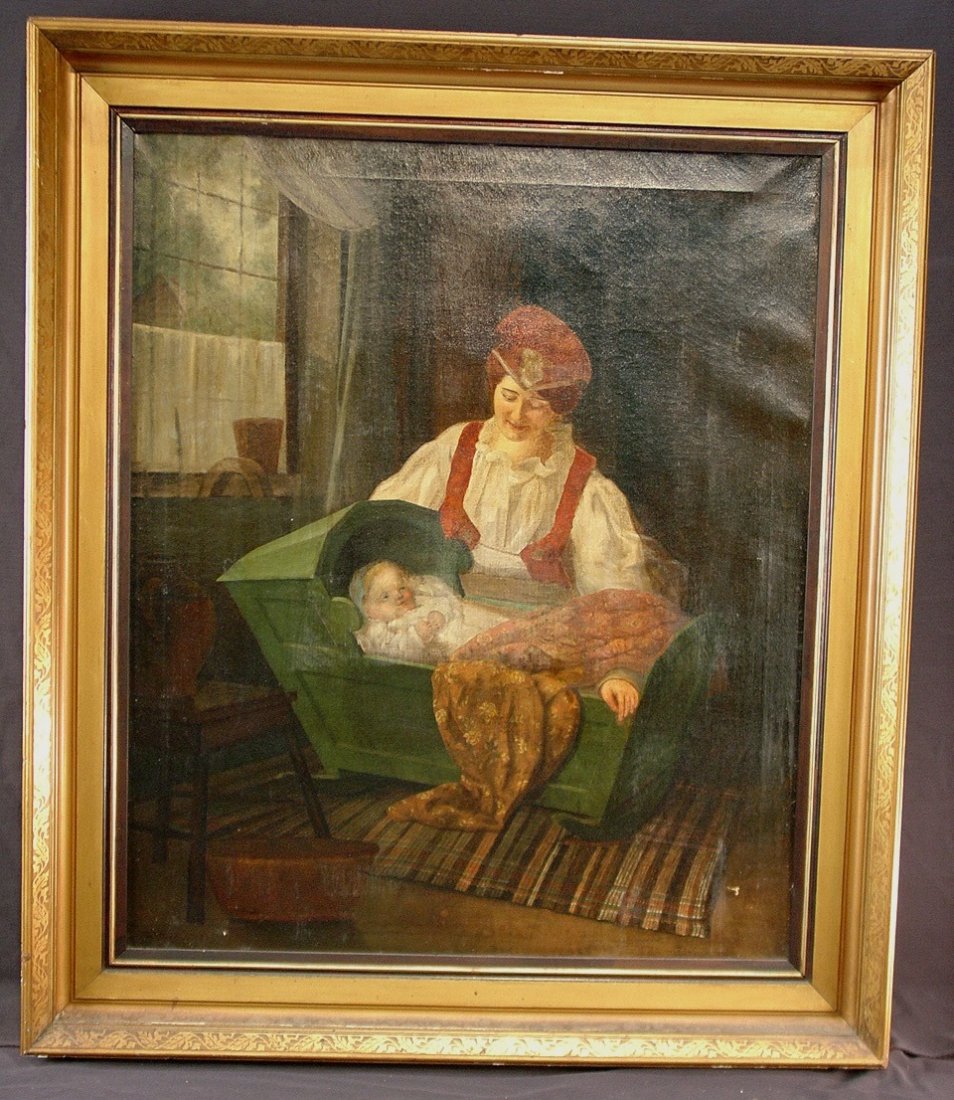 Large oil on canvas of mother and baby in cradle.: Large oil on canvas of mother and baby in cradle.