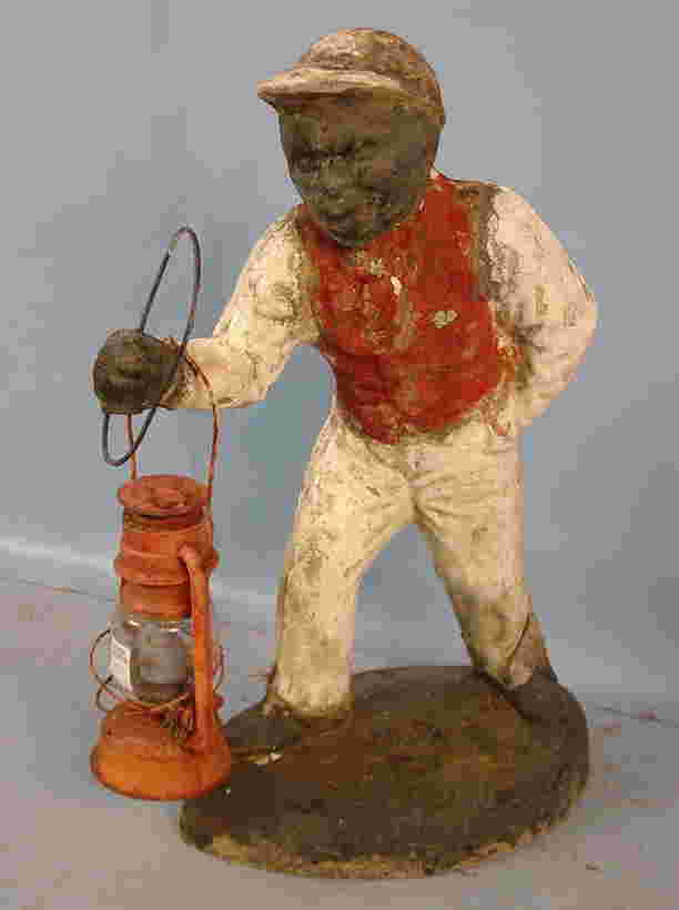 455 Old concrete lawn jockey holding lantern, 26in. T, Jan 18, 2014
