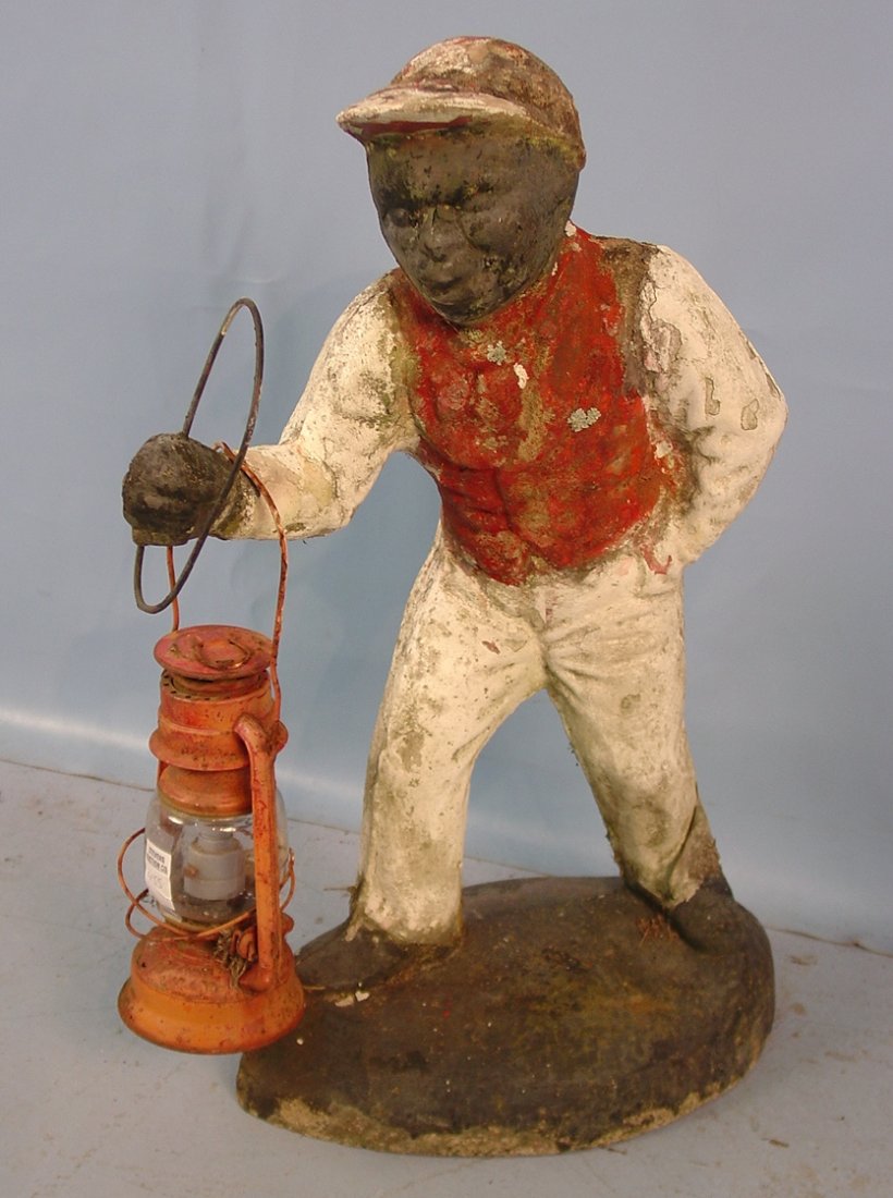 455 Old concrete lawn jockey holding lantern, 26in. T, Jan 18, 2014