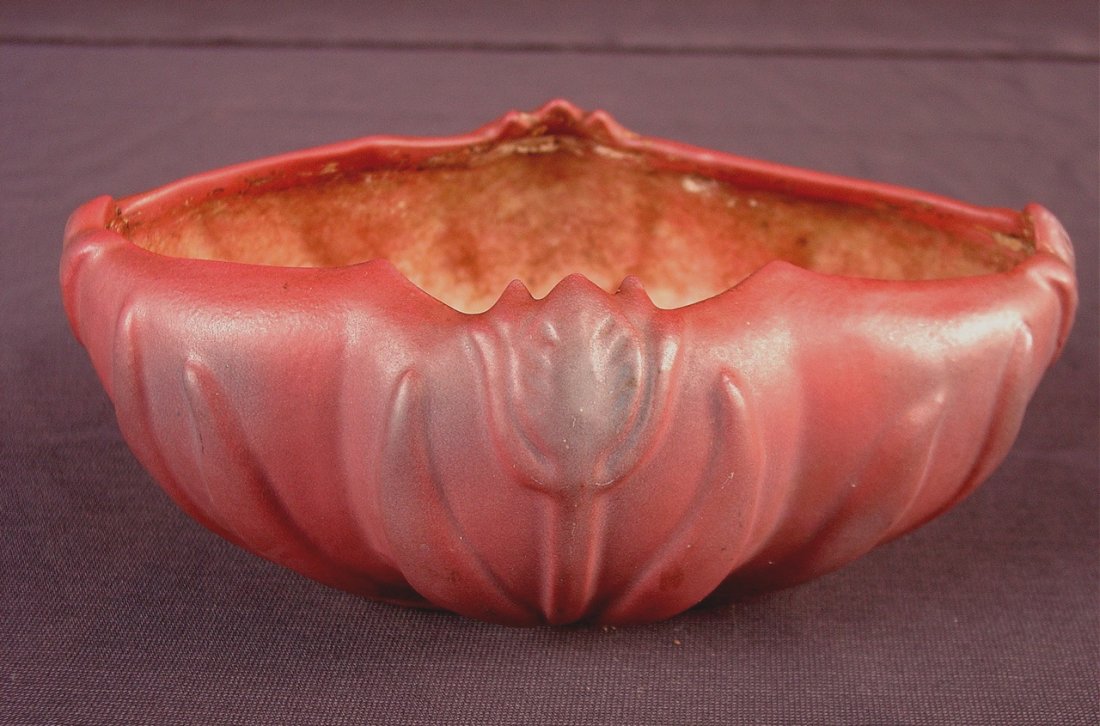 325: Signed Van Briggle rose bowl, Mauve in color, 4in.: Signed Van Briggle rose bowl, Mauve in color, 4in. T, 8in. W. 5in. D.