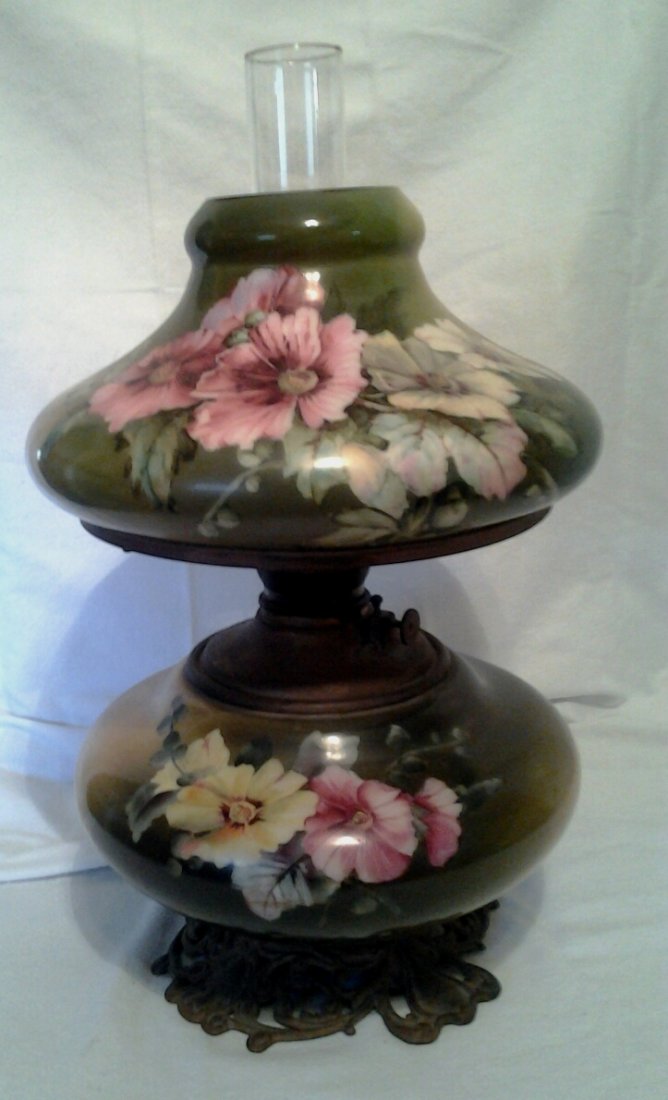 655: Hand painted Victorian Gone with The Wind Lamp,: Hand painted Victorian Gone with The Wind Lamp, large flowers and dark red glass, once was oil, ca. 1890.