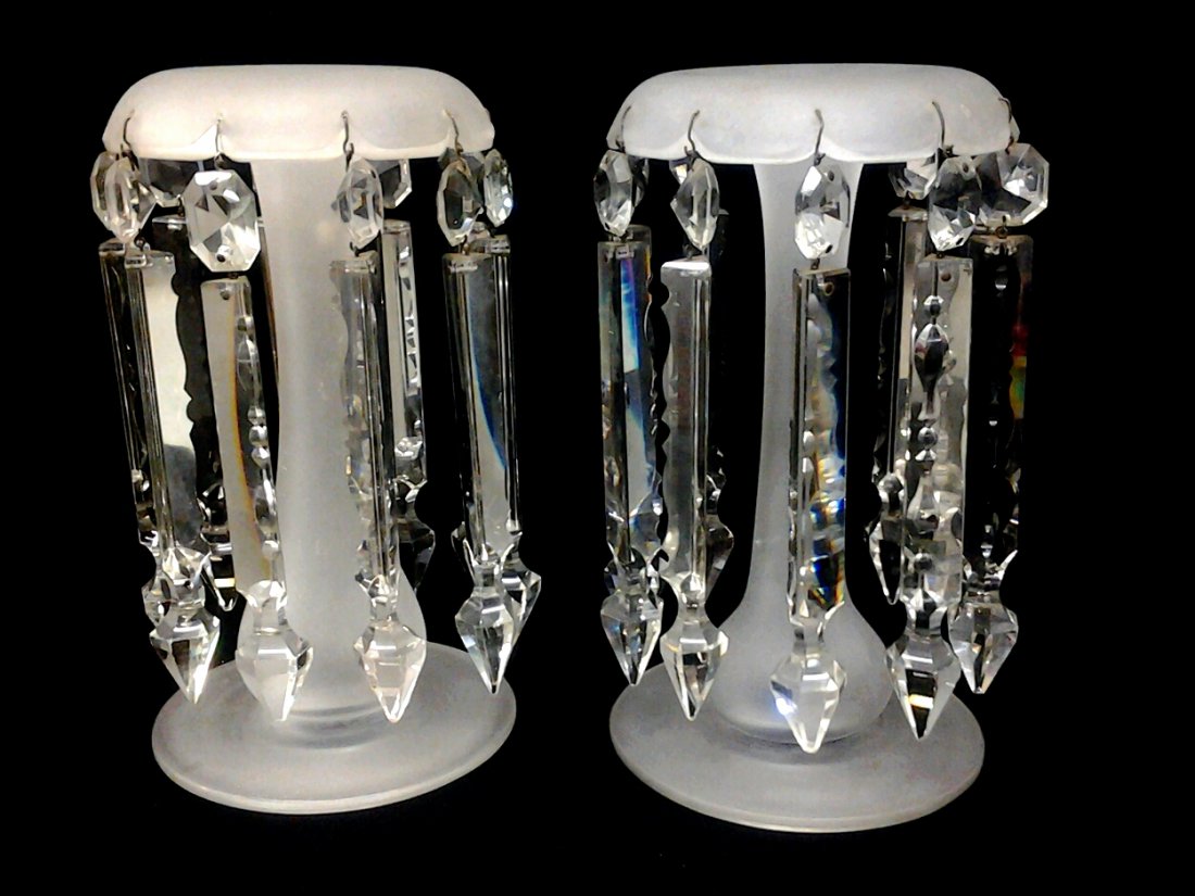 660: Pair of white satin glass mantle lusters with cut: Pair of white satin glass mantle lusters with cut crystal prisms, 10.5in. T, 6in. W.