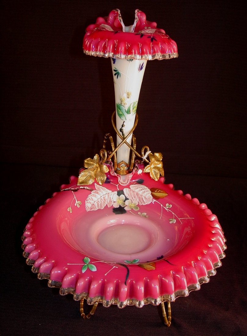 142: Art glass single lilly epergne, white cased in: Art glass single lilly epergne, white cased in deep rose, lilly and bowl crimped and ruffled with clear glass edge, 12in. T, 9in. W.