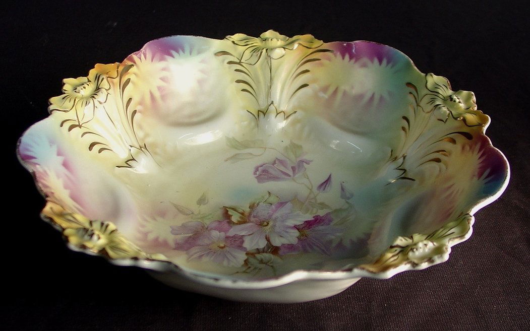221: RS Prussia bowl with purple flowers, 9in. Dia.: RS Prussia bowl with purple flowers, 9in. Dia.
