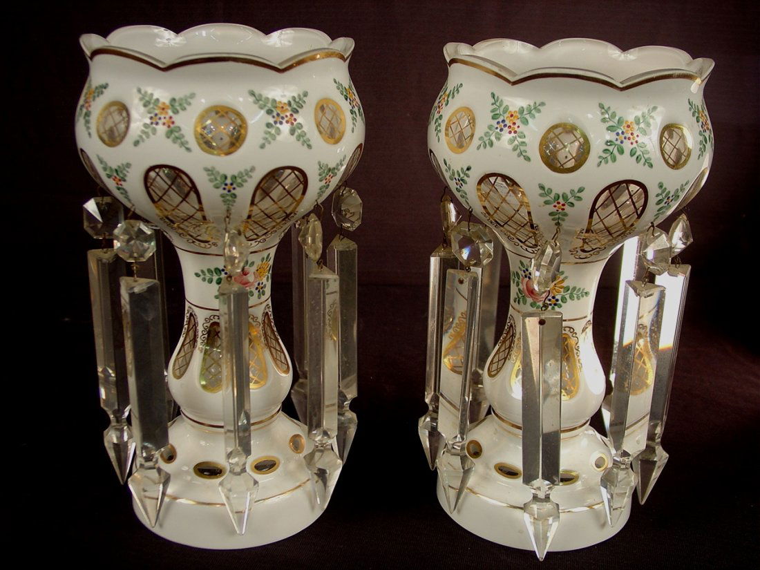 382: Pair of white and gold mantle lusters, 11in. T,: Pair of white and gold mantle lusters, 11in. T, 5in. Dia.